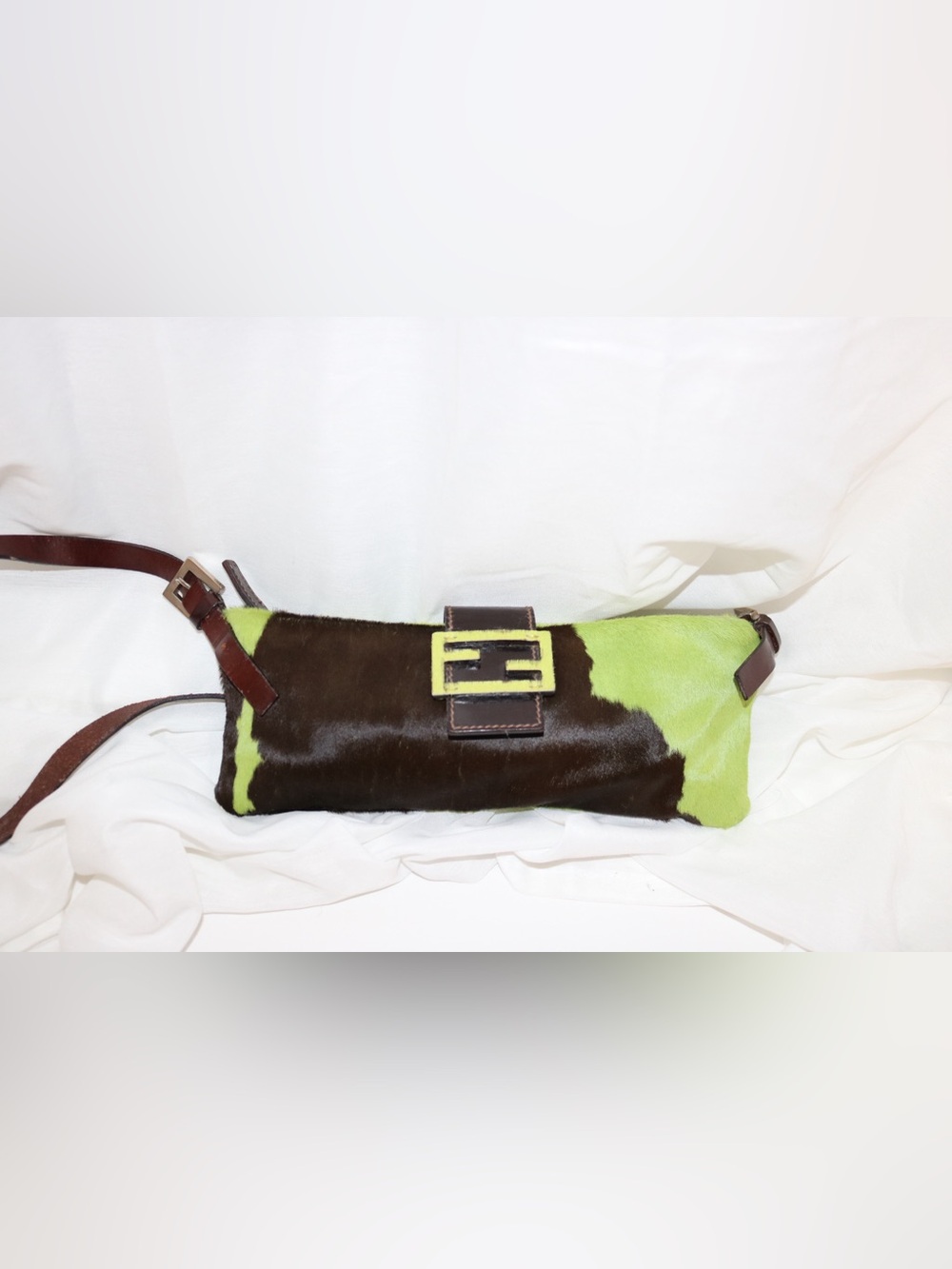 Fendi Calf skin Brown and Lime Green Baguette